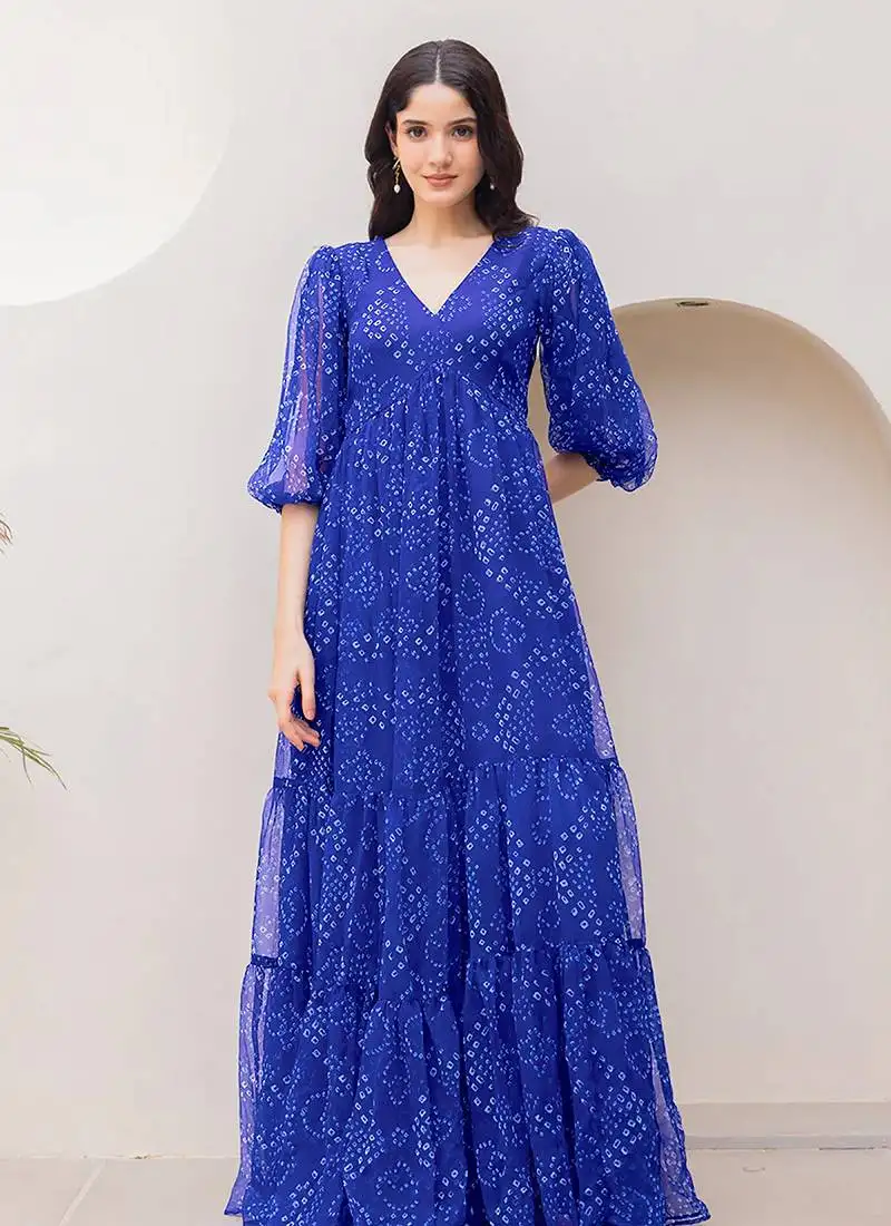 Blue heavy digital printed faux georgette anarkali fully flared gwon style stitched
