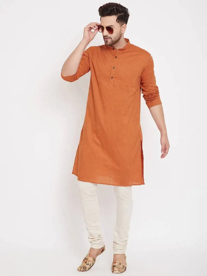 Orange woven pure cotton men-kurtas