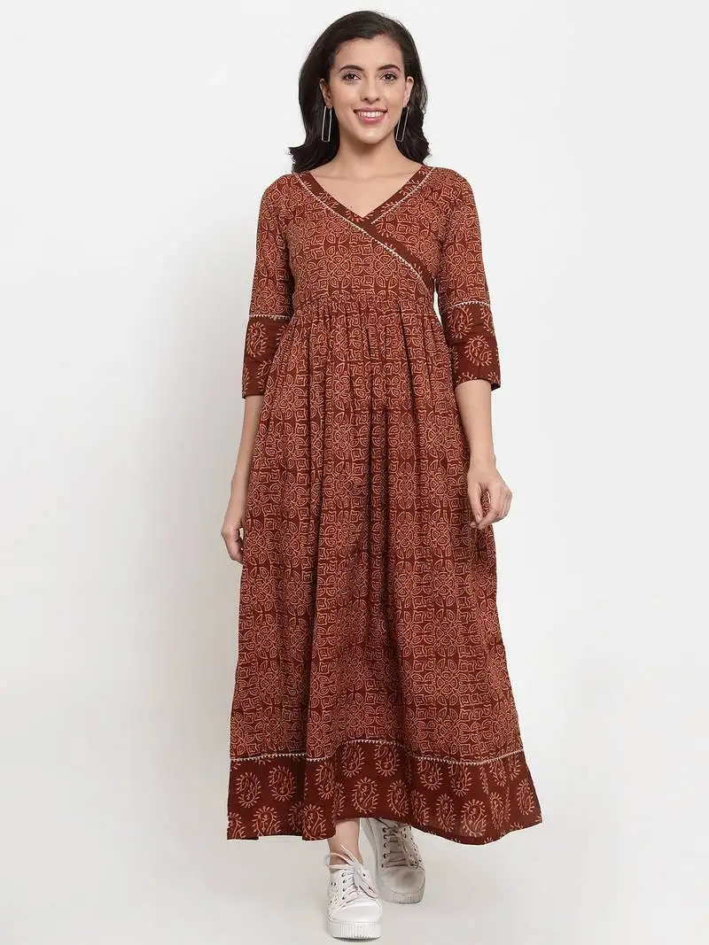Indibelle brown printed cotton maxi-dresses