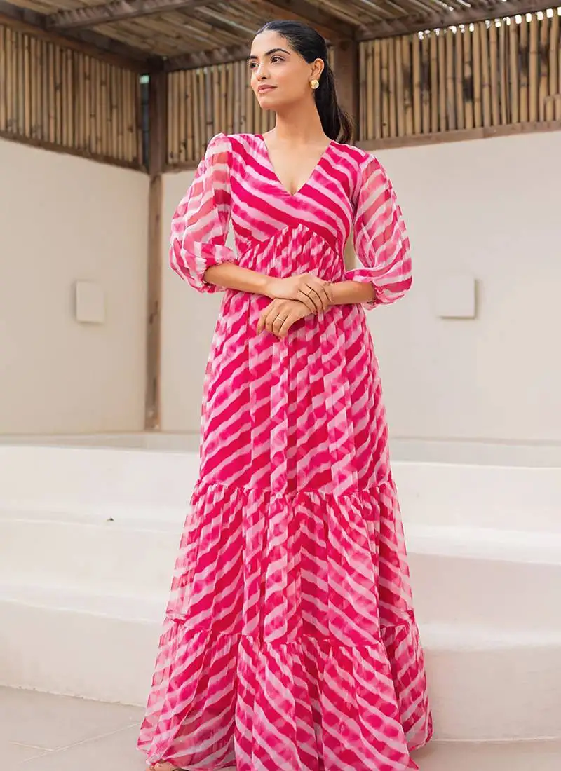 Pink heavy digital printed faux georgette anarkali fully flared gwon style stitched