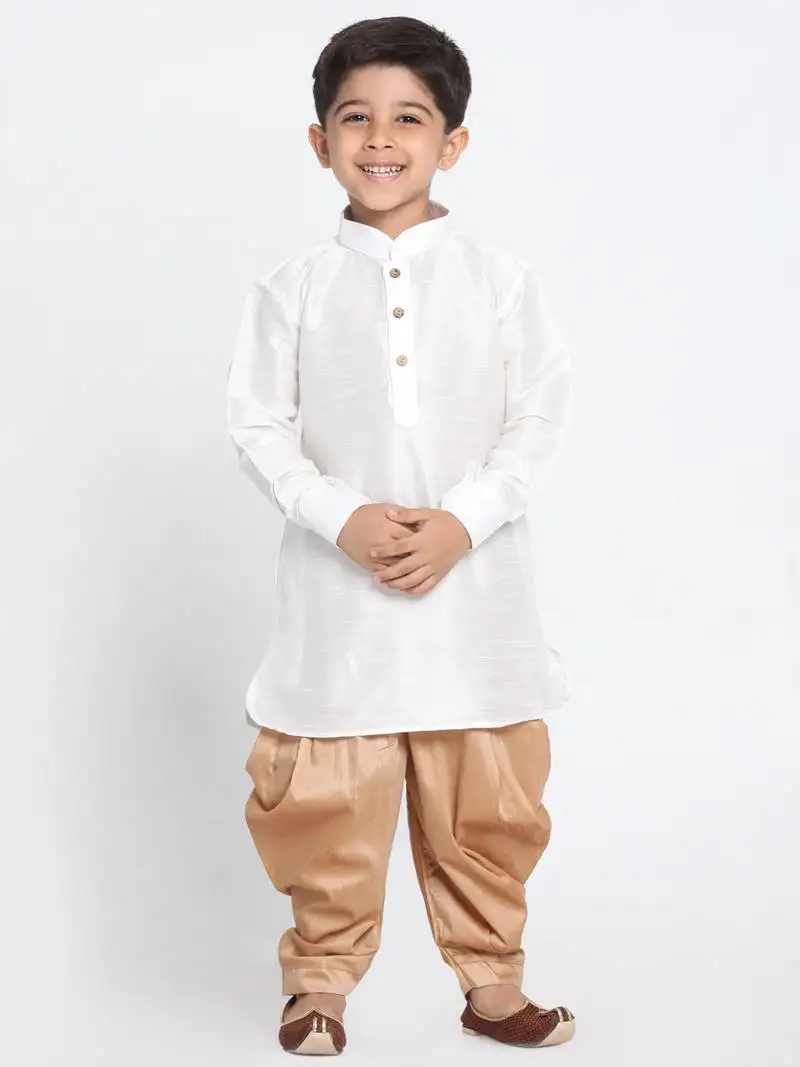 White self design silk blend boys-dhoti-kurta