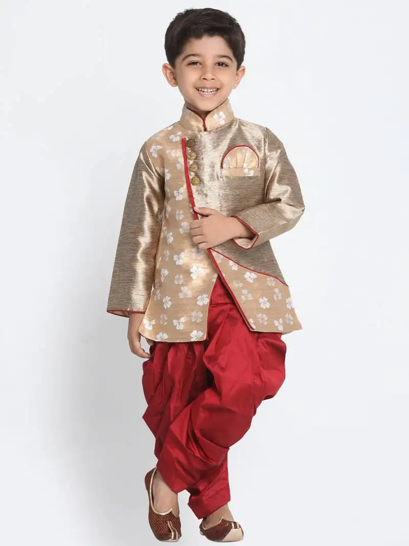 Gold printed silk blend boys-dhoti-kurta