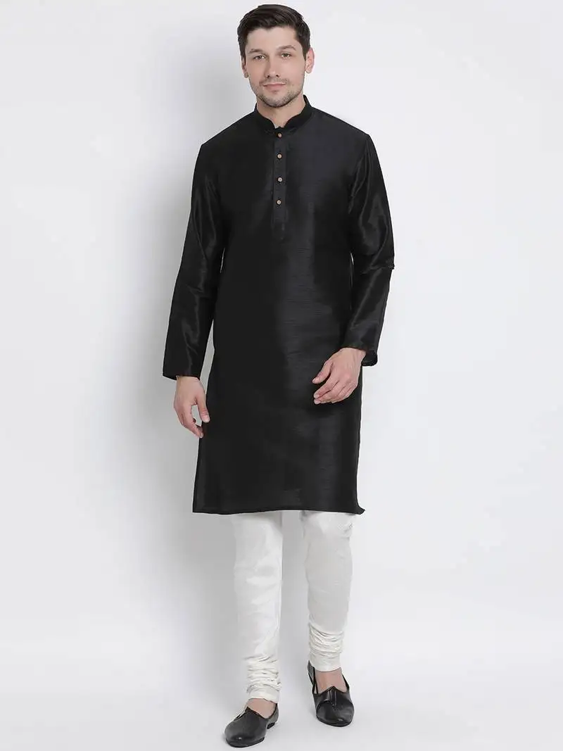 Black plain silk blend kurta-pajama