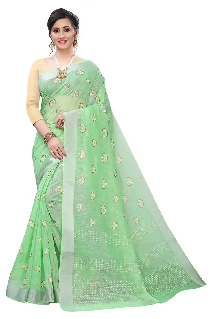 Parrot green woven blended cotton saree with blouse