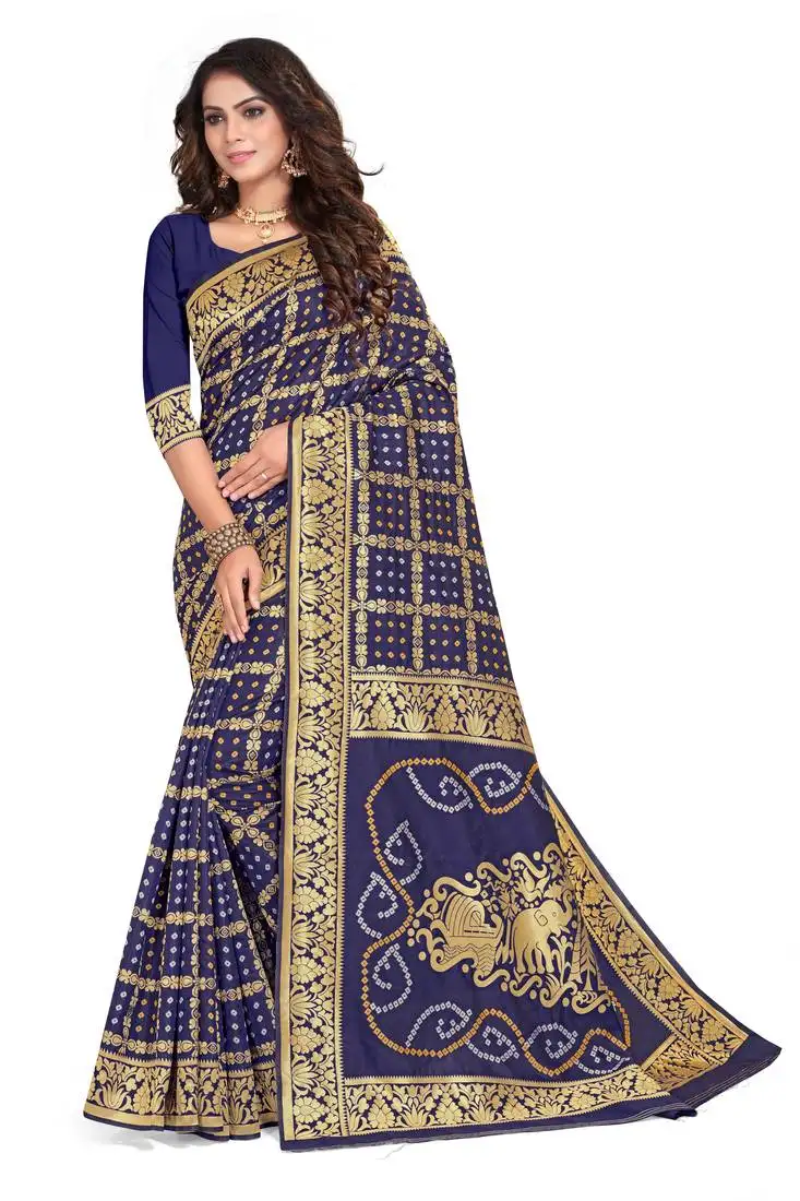 Blue printed banarasi cotton saree with blouse
