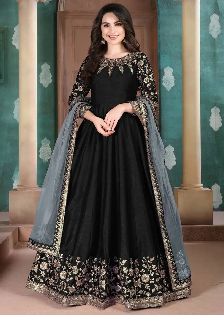 Black embroidered silk salwar semi stitched