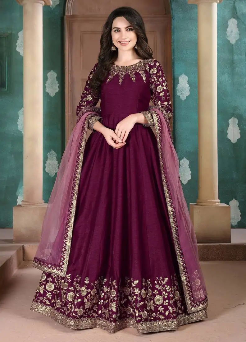 Wine embroidered silk salwar semi stitched