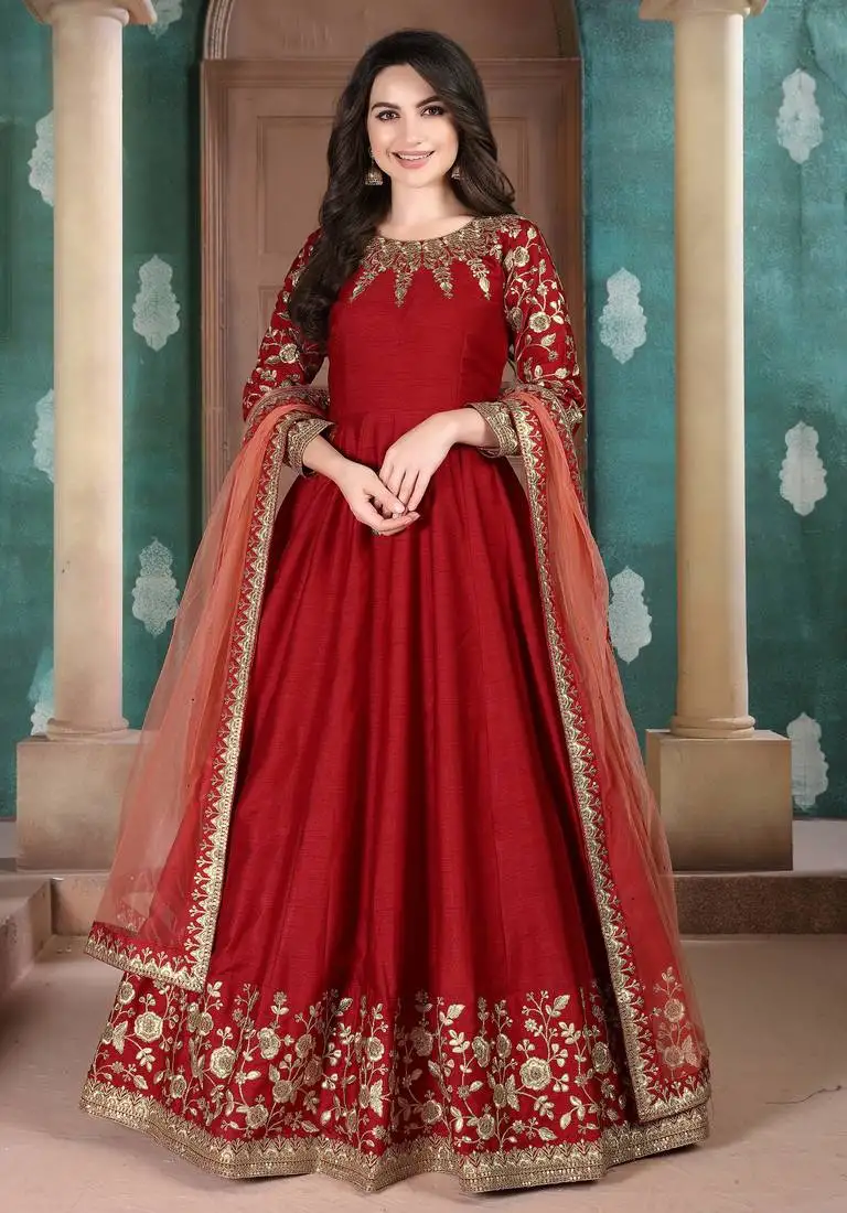Red embroidered silk salwar semi stitched