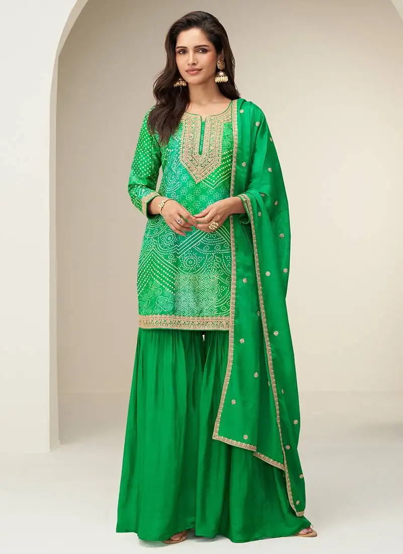 Green digital print embroidered chinon silk palazzo suit semi stitched