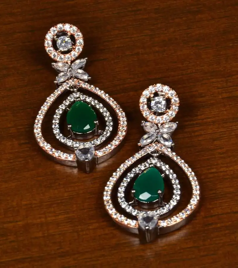Emerald embellished black and rose gold plated american diamond earrings 216ed366