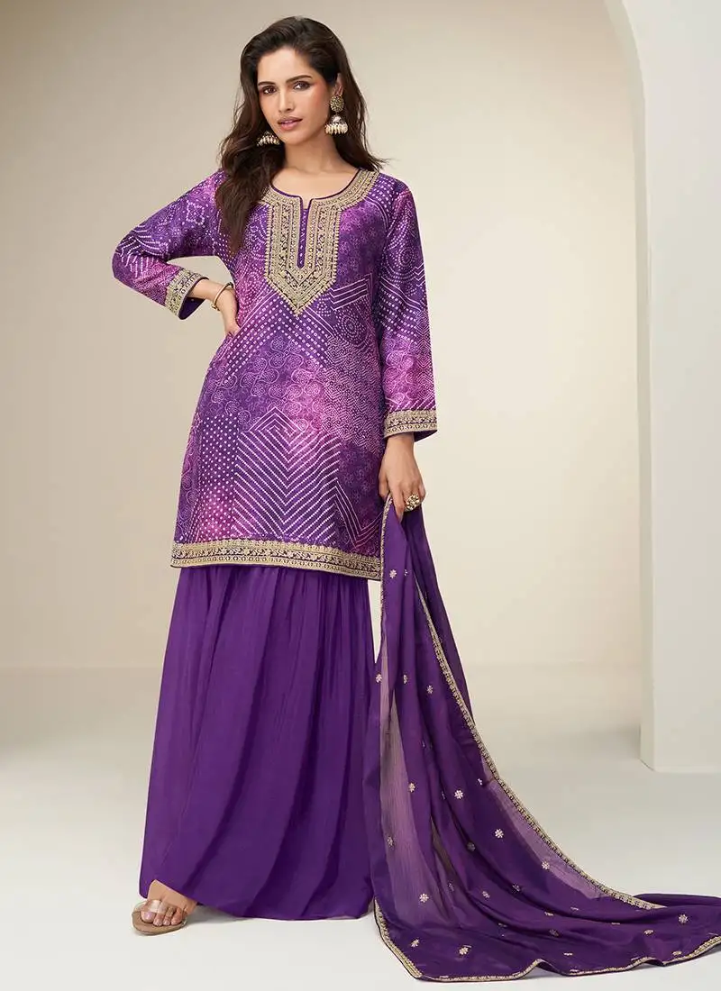 Purple digital print & embroidered chinon silk palazzo suit semi stitched