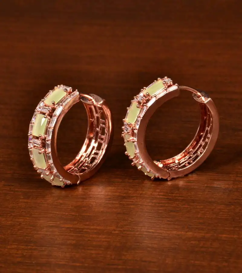 Rose gold plated american diamond and parrot stone embellished designer hoops 216ed372
