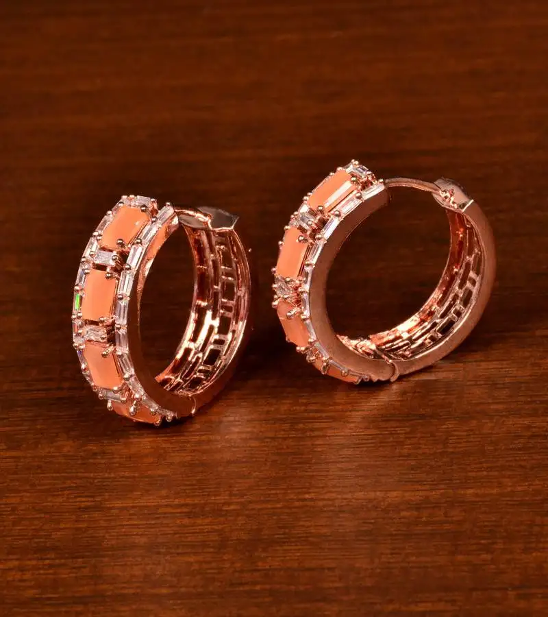 Rose gold plated american diamond and peach stone embellished designer hoops 216ed375