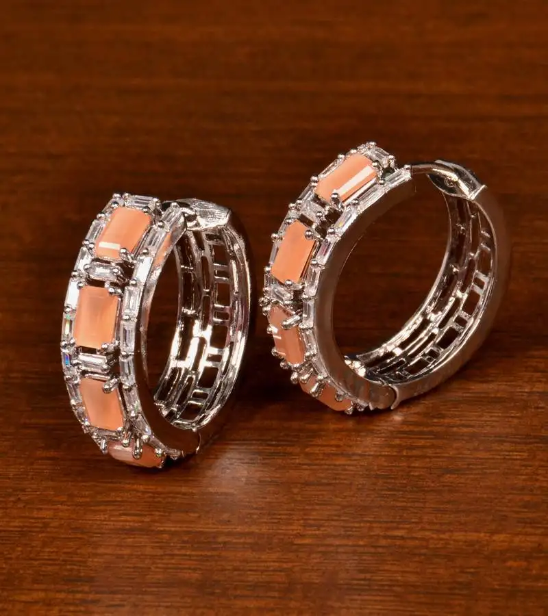 Rhodium plated american diamond and peach stone embellished designer hoops 216ed378