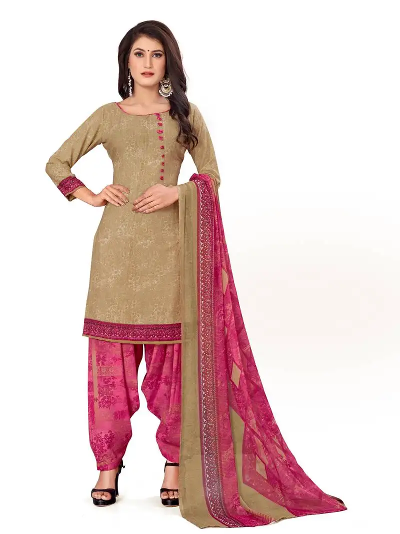 Beige printed crepe salwar unstitched