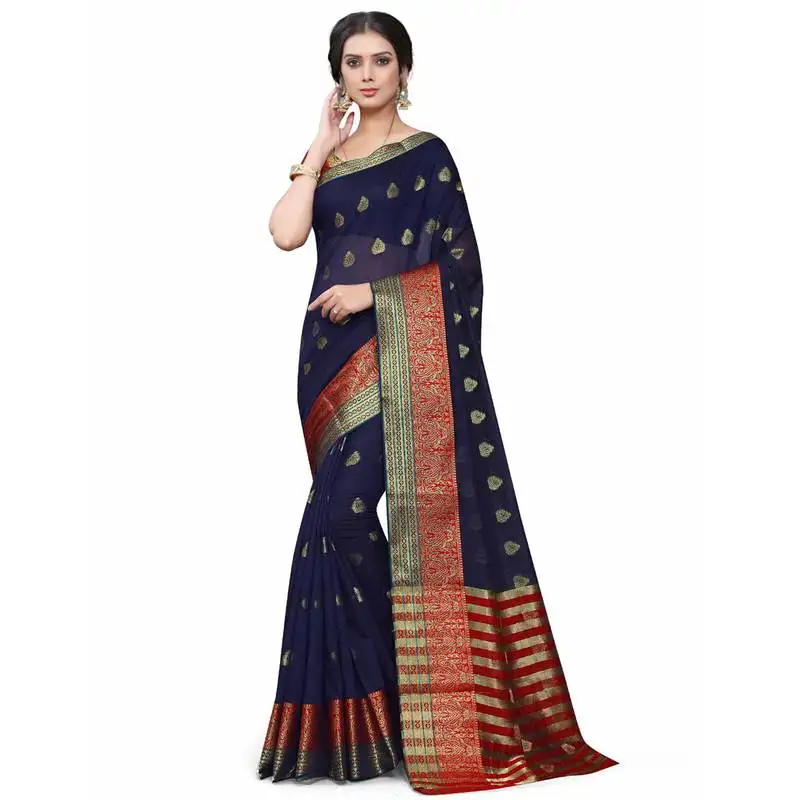 Dark blue woven cotton silk saree with blouse