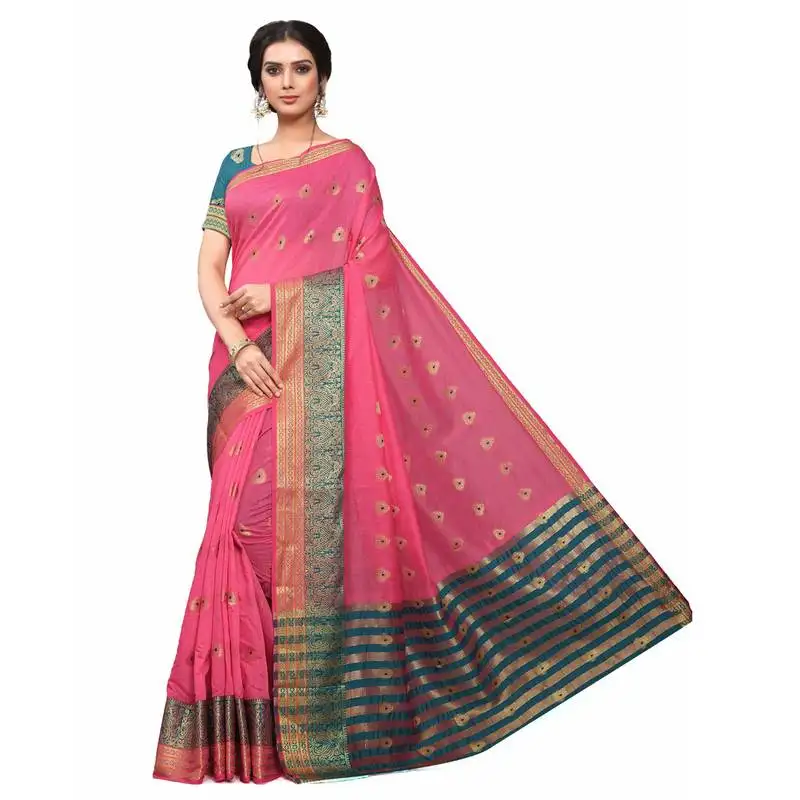 Pink woven cotton silk saree with blouse