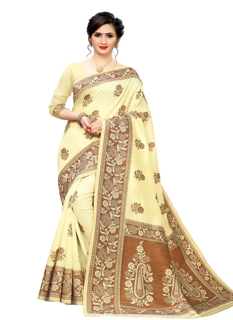 Dark cream woven jacquard saree with blouse