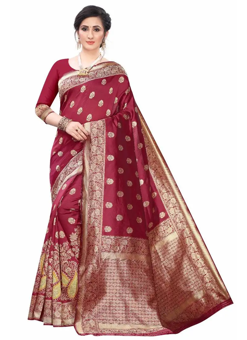Maroon woven jacquard saree with blouse