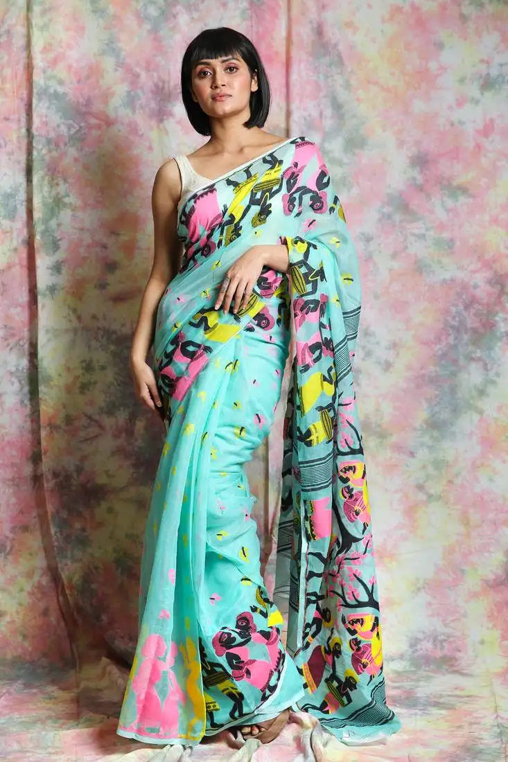 Sky blue woven blended cotton saree without blouse