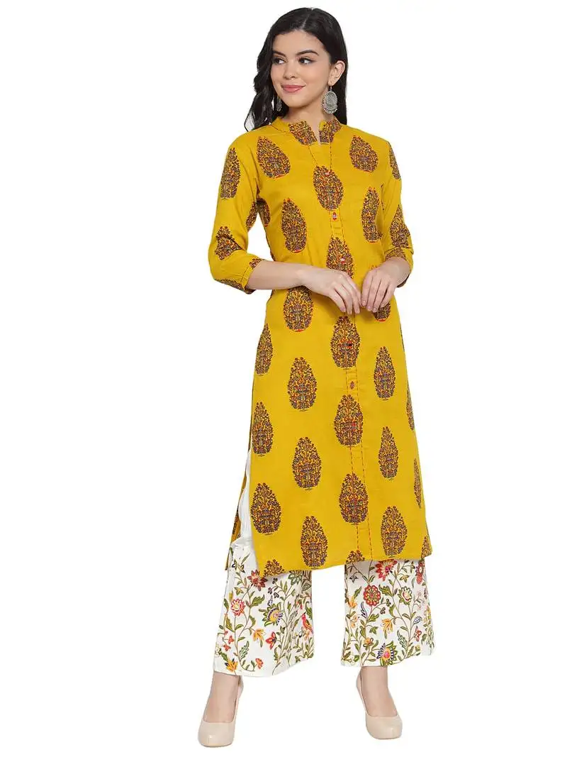 Mustard printed rayon kurtas-and-kurtis