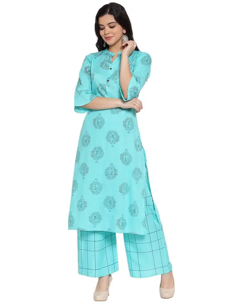 Turquoise printed rayon kurtas-and-kurtis