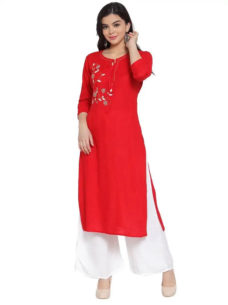 Red embroidered rayon kurtas-and-kurtis