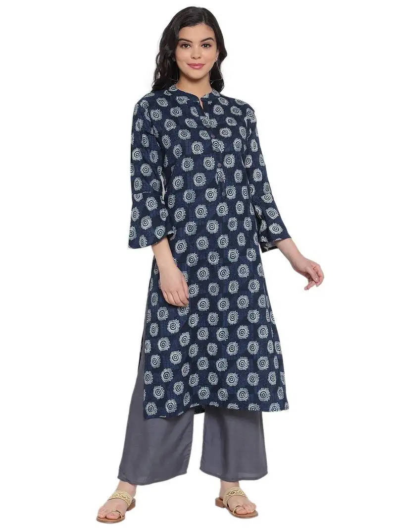 Indigo printed rayon kurtas-and-kurtis