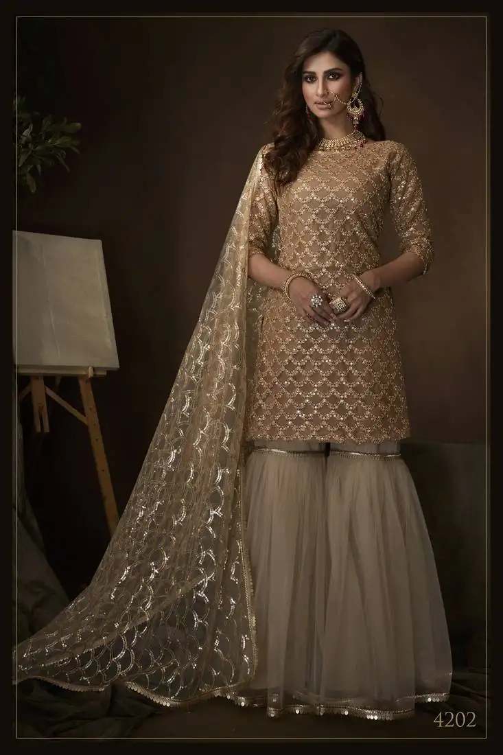 Beige net sharara suit sequin embroidery semi stitched