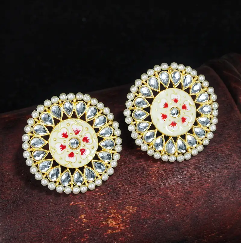 Round kundan pearl meena work handcraft stud earrings