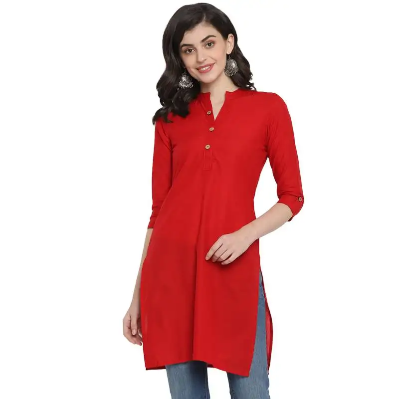 G collection red plain cotton short-kurtis