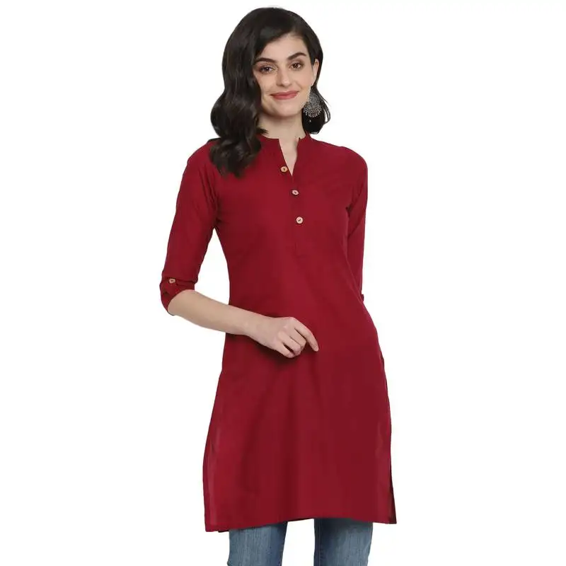 G collection maroon plain cotton short-kurtis