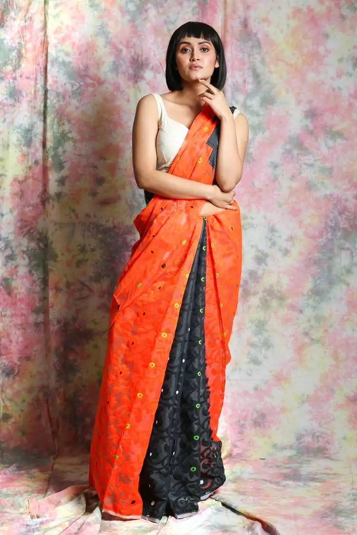 Orange woven blended cotton saree without blouse