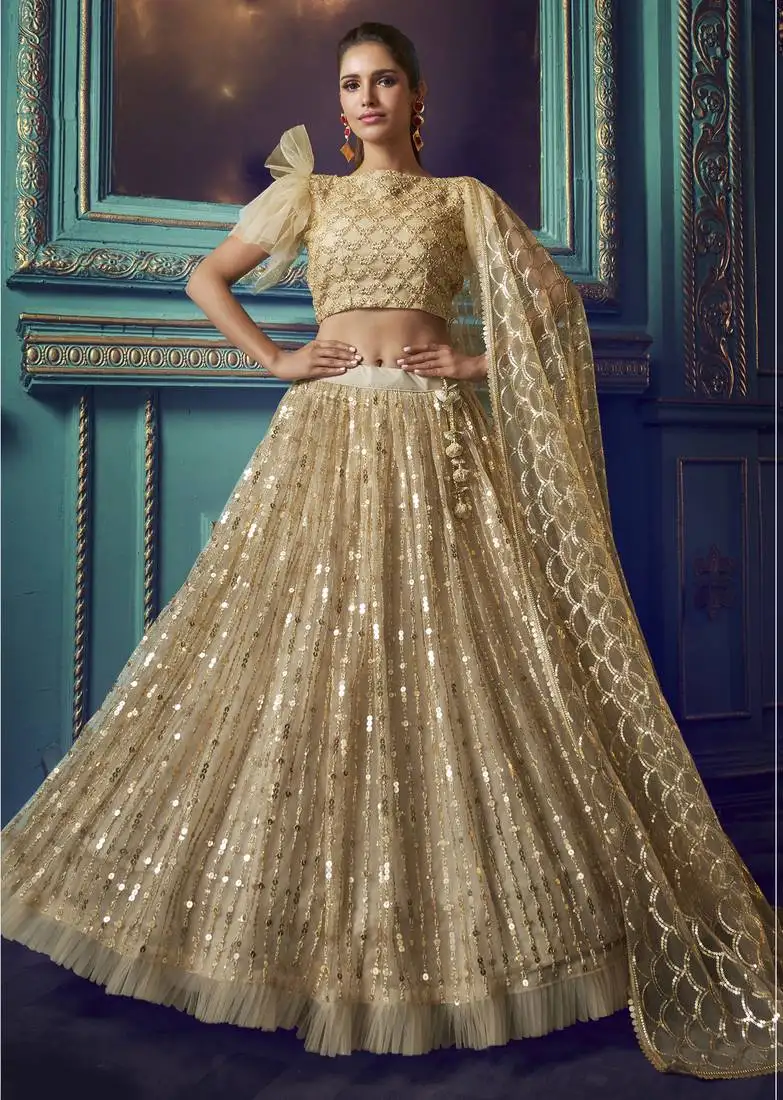 Gold net mirror sequin embroidered wedding lehenga choli