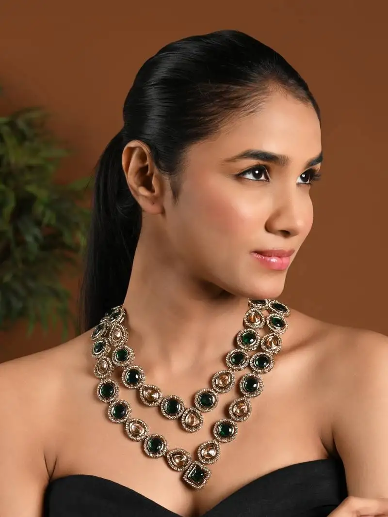 Gold plated traditional designer kundan long adjustable necklace for women (ij068g)