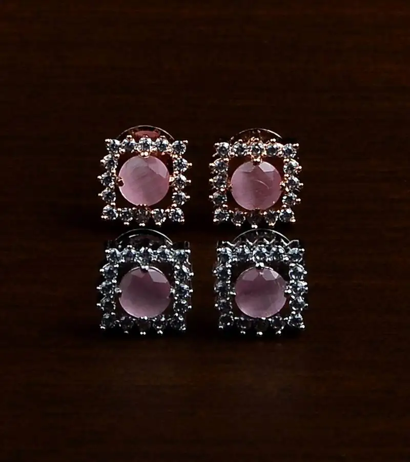 Rhodium and rose plated pink stone embellished two pairs of american diamons studs 216ed431