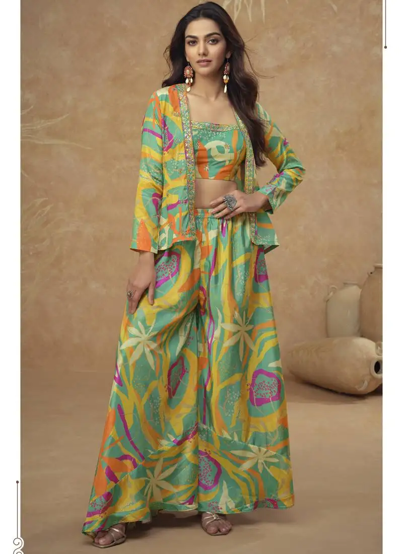 Multicolor chinon silk digital print western style plazzo suit stitched