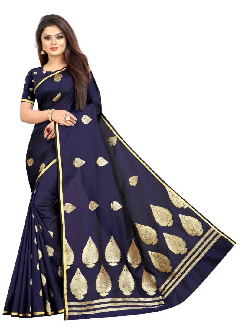 Dark blue woven jacquard saree with blouse