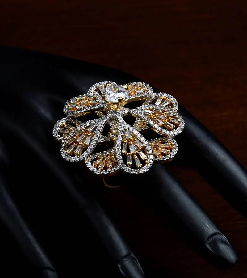 Gold plated american diamond embellished designer finger ring fr19