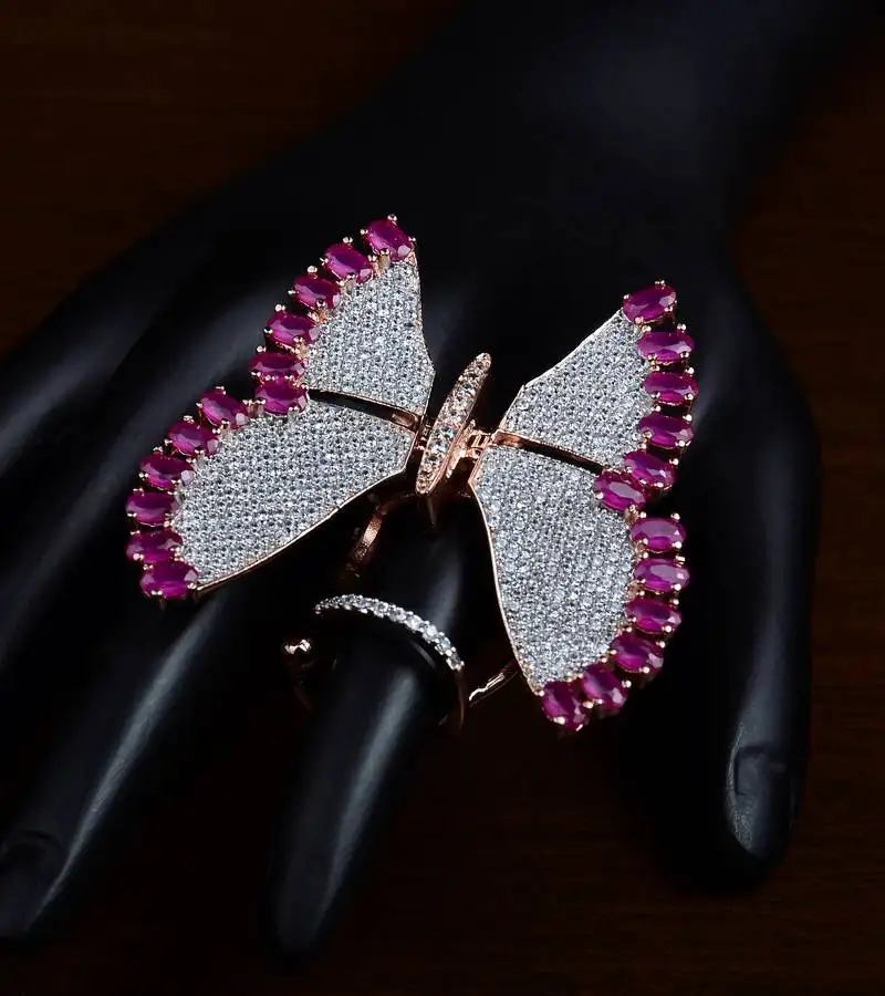 Ruby embellished rose gold plated designer american diamond finger ring fr25