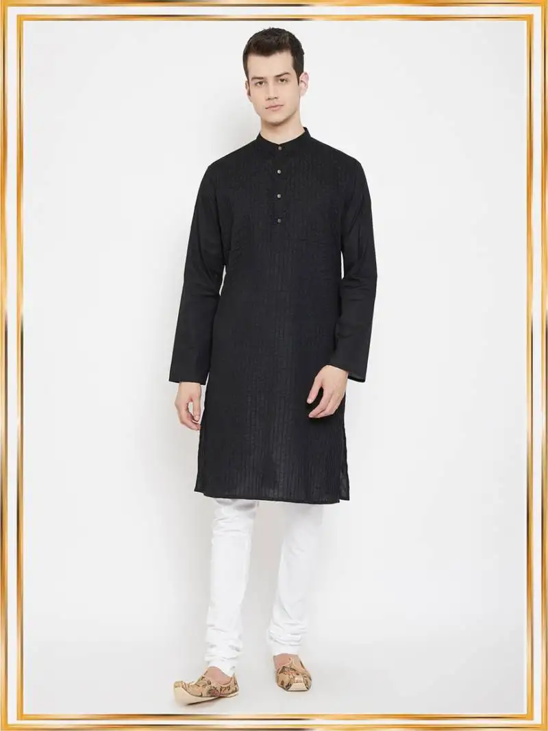 Black plain cotton men-kurtas