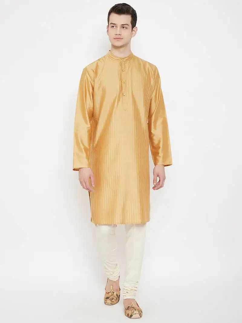 Beige plain cotton silk men-kurtas