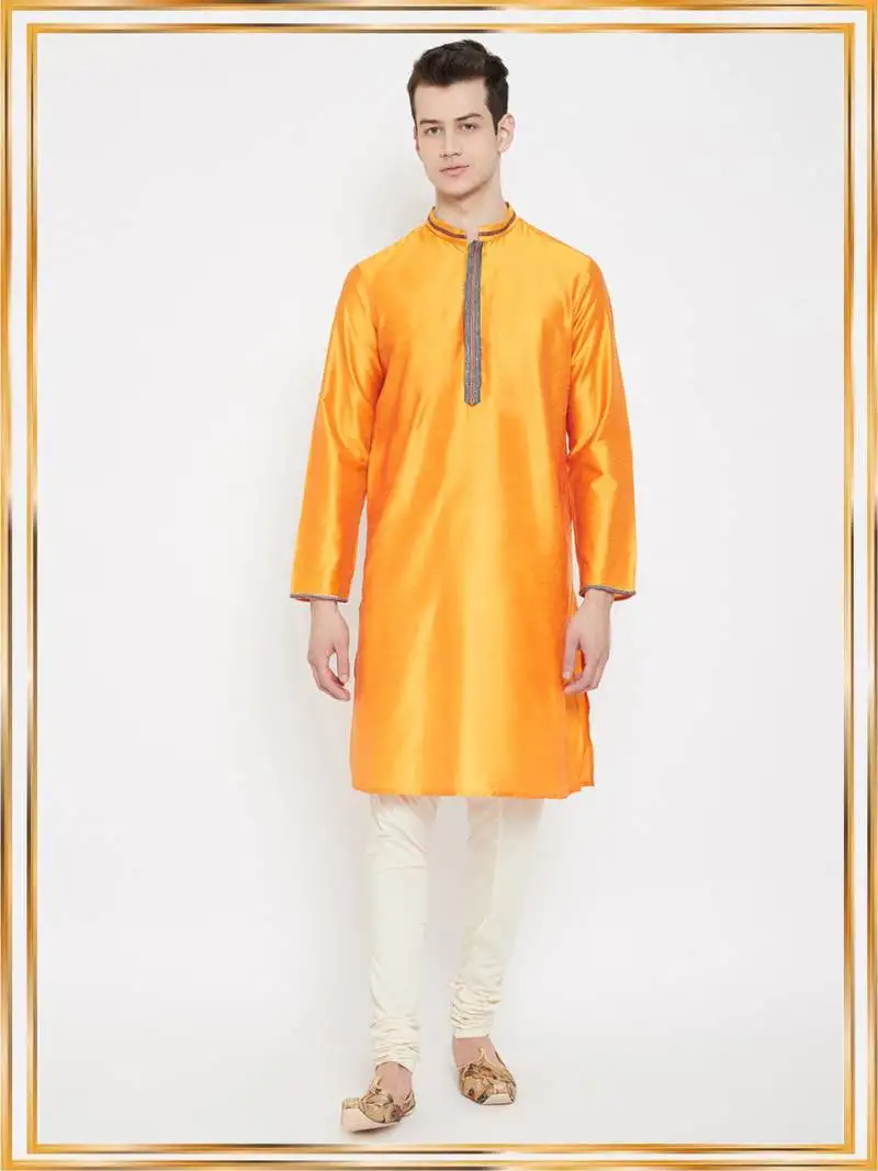 Yellow woven cotton silk men-kurtas