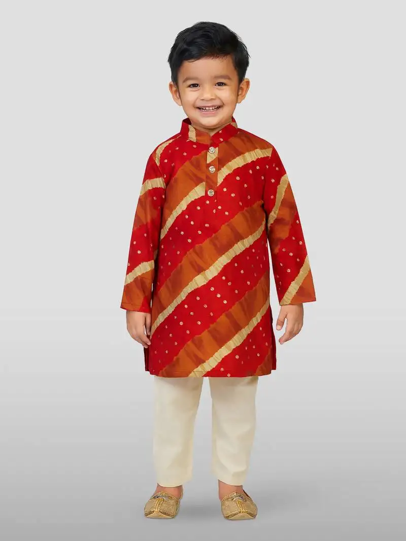 Maroon rayon kurta with cream pyjama - traditional lehariya print set