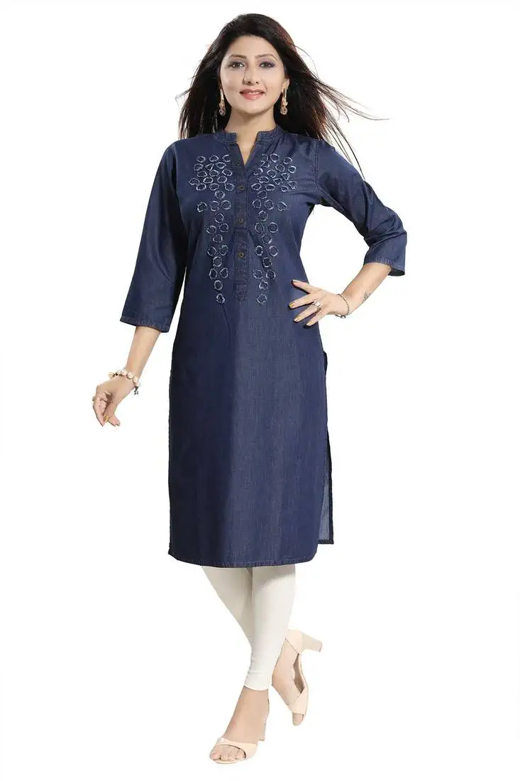 Blue plain cotton kurtas-and-kurtis
