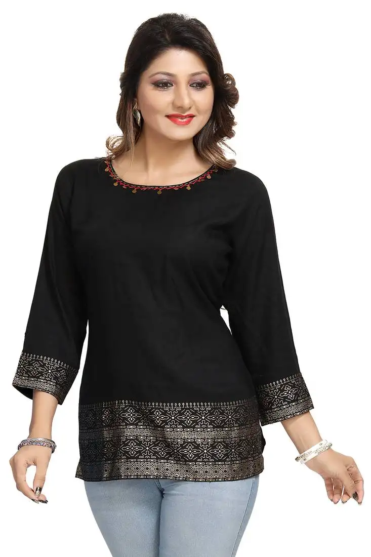 Black printed rayon short-kurtis