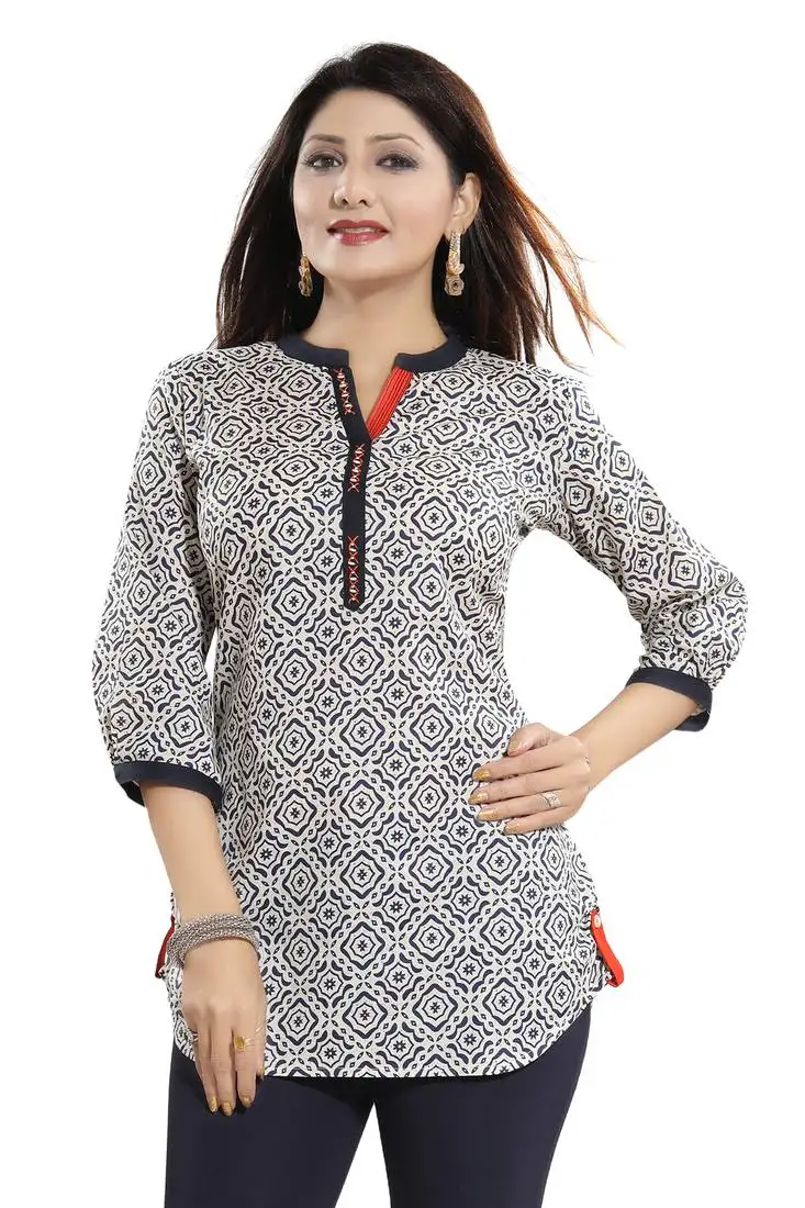 Cream printed cotton short-kurtis