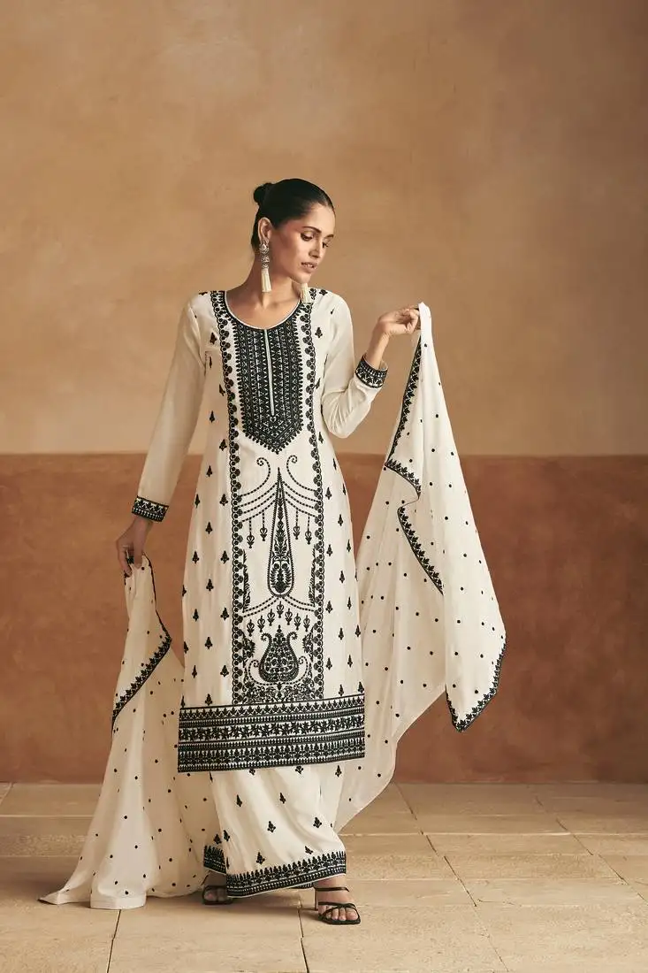 White embroidery & sequins work chinnon silk palazzo straight - free size stitching (size upto 42") stitched