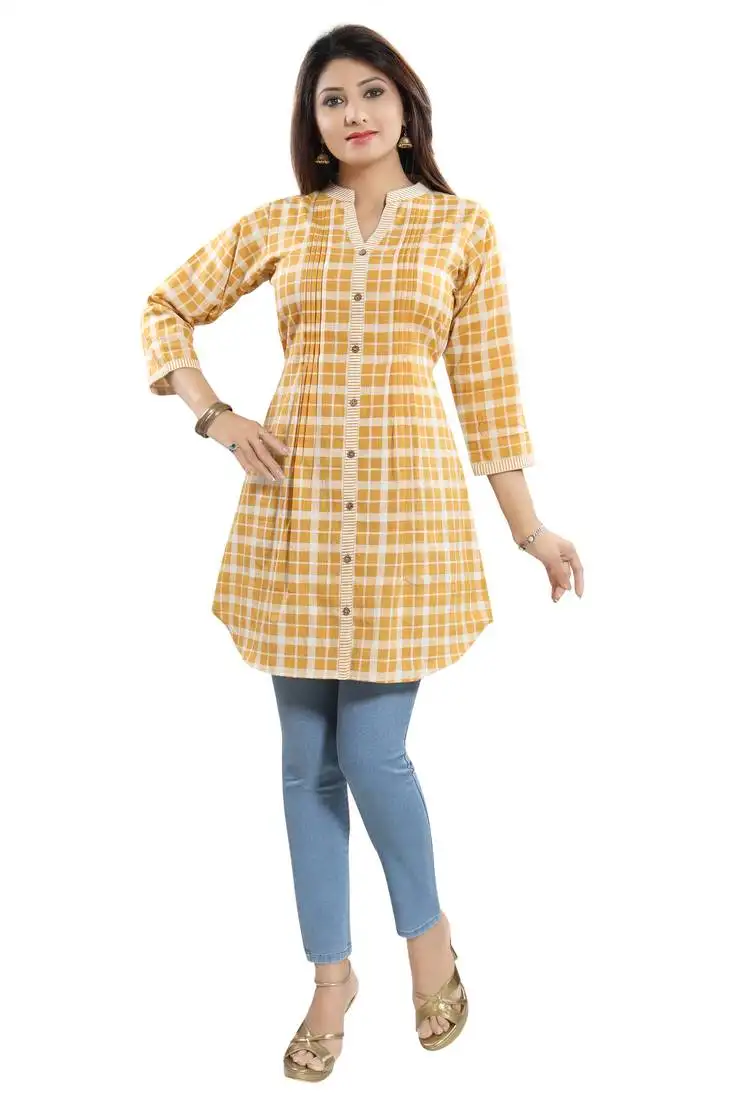 Yellow printed cotton long-kurtis