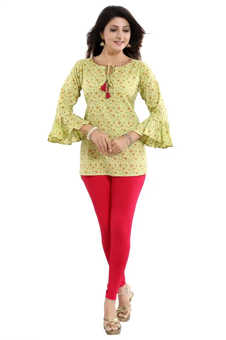 Green printed cotton short-kurtis